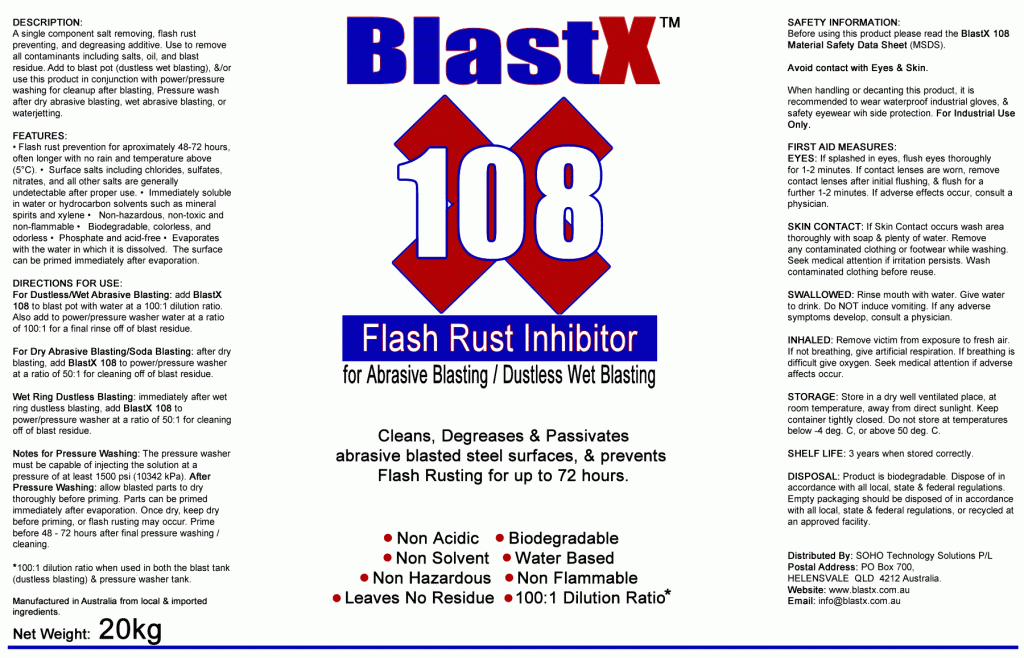 BlastX 108 Wet Blasting Flash Rust Inhibitor & Salt Remover for Dustless / Vapour Blasting